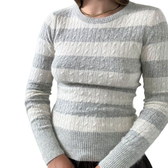 Womens Angora Wool Blend Gray White Striped Fuzzy Soft Preppy Sweater Sz M - Picture 5 of 8
